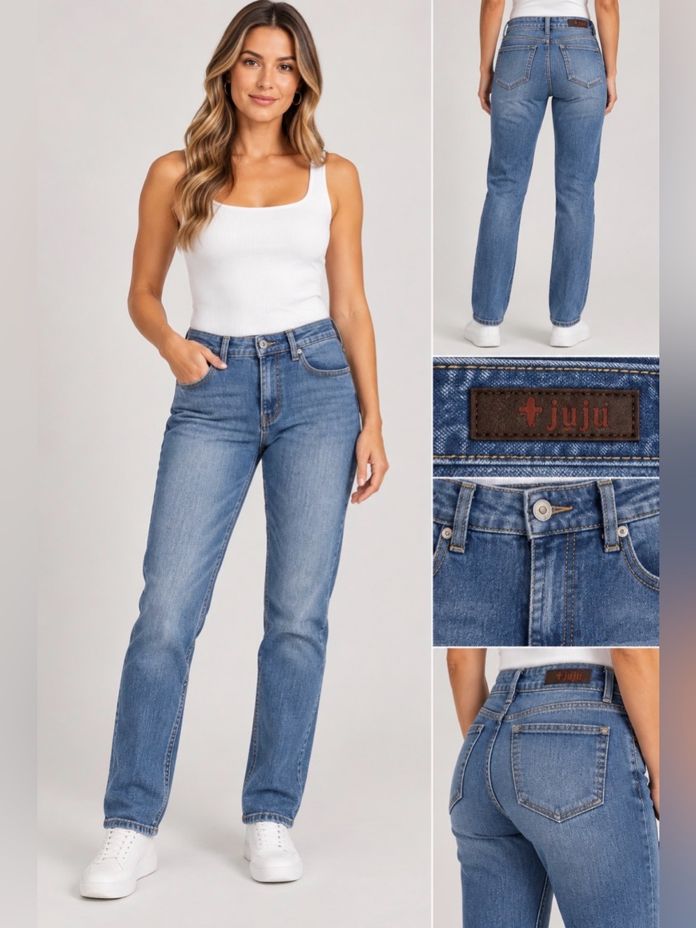 JuJu Straight Leg Mid - Rise Jeans in Medium Blue Wash, Size 9